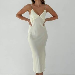 Rumored Riviera Butter Yellow V Neck Satin Midi Slip Dress